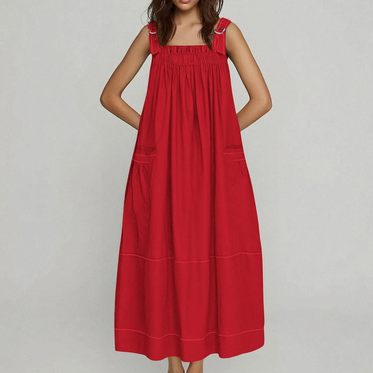 JOAU Bib Overall Dress for Women Summer Sleeveless Adjustable Strap Dresses A-Line Pleated Tiered Beach Pocket Maxi Dress