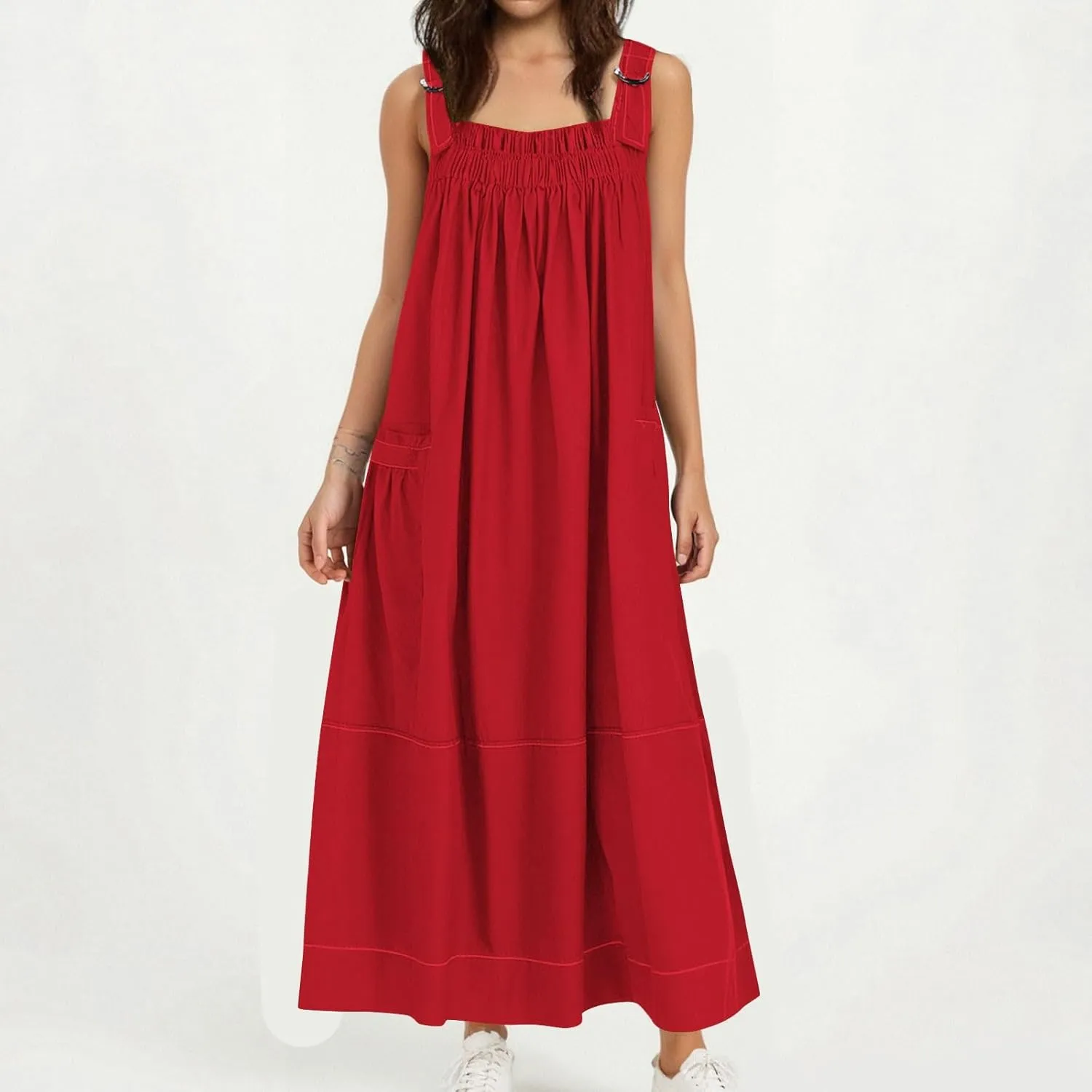 JOAU Bib Overall Dress for Women Summer Sleeveless Adjustable Strap Dresses A-Line Pleated Tiered Beach Pocket Maxi Dress