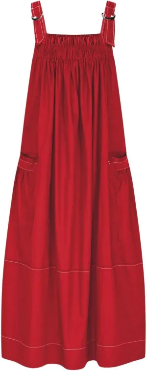 JOAU Bib Overall Dress for Women Summer Sleeveless Adjustable Strap Dresses A-Line Pleated Tiered Beach Pocket Maxi Dress