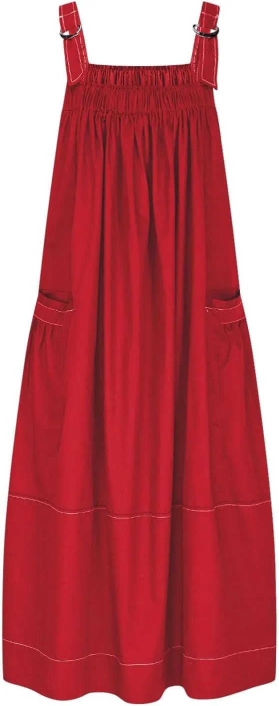 JOAU Bib Overall Dress for Women Summer Sleeveless Adjustable Strap Dresses A-Line Pleated Tiered Beach Pocket Maxi Dress