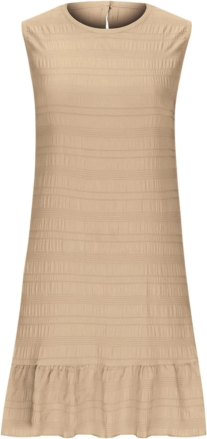 JOAU Women's 2025 Summer Mini Tank Dress Casual Crew Neck Sleeveless Pleated A Line Flowy Ruffle Hem Beach Vacation Sundress