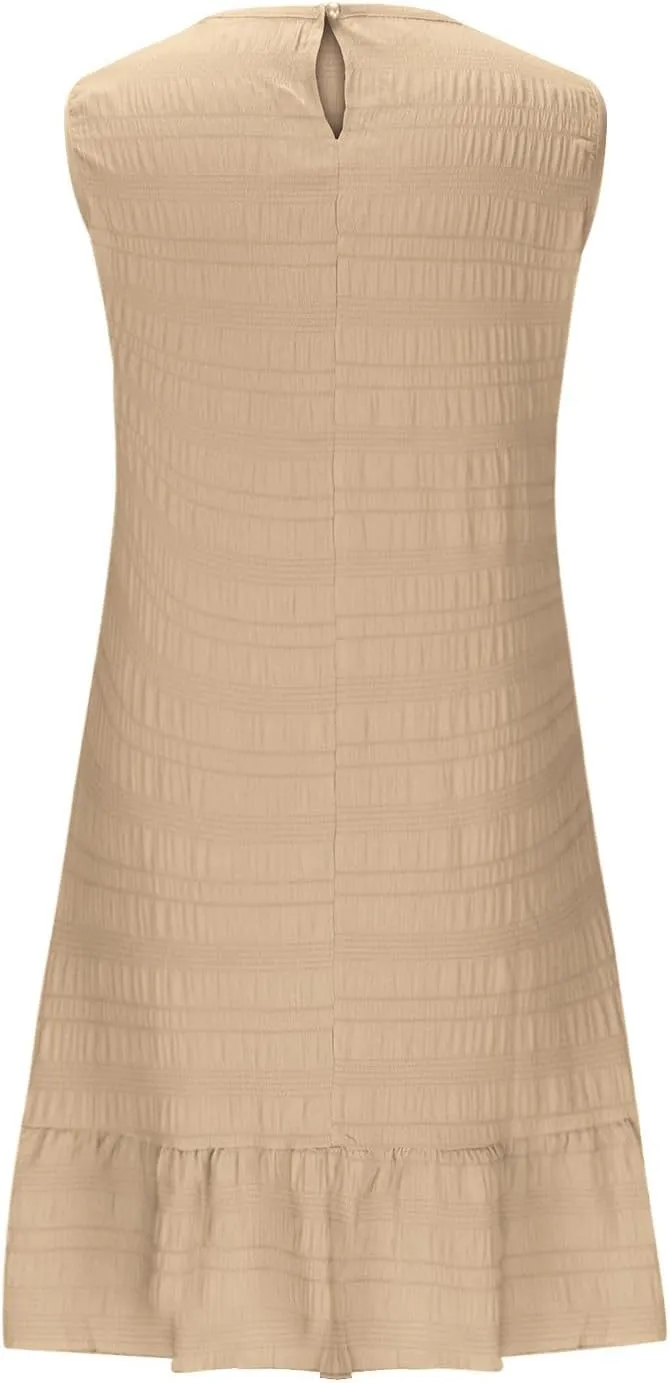 JOAU Women's 2025 Summer Mini Tank Dress Casual Crew Neck Sleeveless Pleated A Line Flowy Ruffle Hem Beach Vacation Sundress