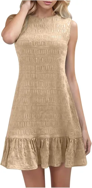 JOAU Women's 2025 Summer Mini Tank Dress Casual Crew Neck Sleeveless Pleated A Line Flowy Ruffle Hem Beach Vacation Sundress