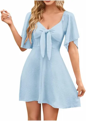 JOAU Women's Twist Front Bowknot Ruffle Short Sleeve Summer Dress Casual Bow Tie V Neck Elegant Tunic Mini Dresses