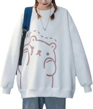 Kawaii Bear Print Oversized Sweatshirt for Women Cute Long Sleeve Vintage Crewneck Sweatshirts Pullover Y2K Sweater