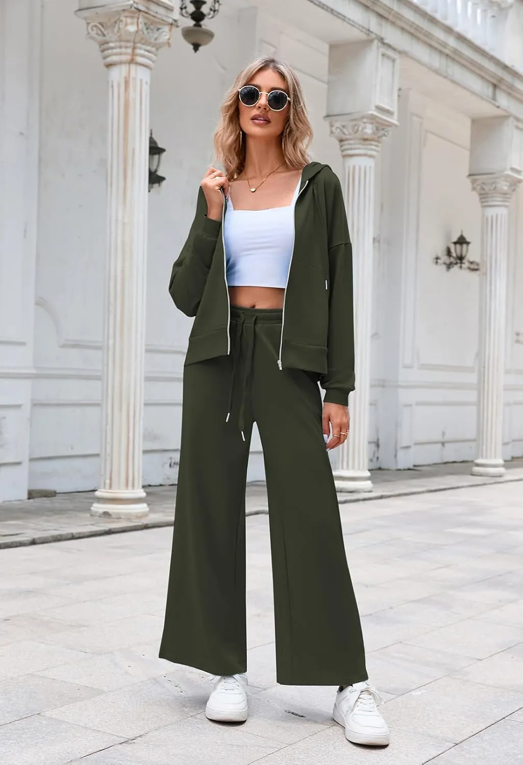Kisscynest Women's 2 Piece Outfits Lounge Sets Zip Up Hoodies High Waist Wide Leg Pants Sweatsuit