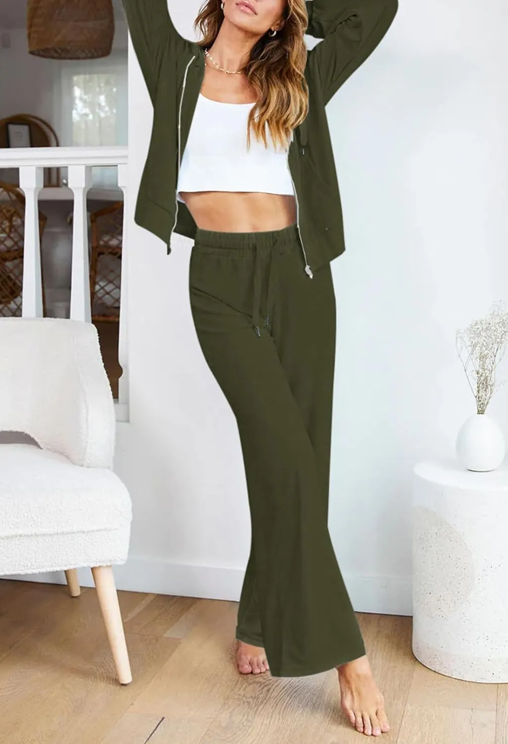 Kisscynest Women's 2 Piece Outfits Lounge Sets Zip Up Hoodies High Waist Wide Leg Pants Sweatsuit