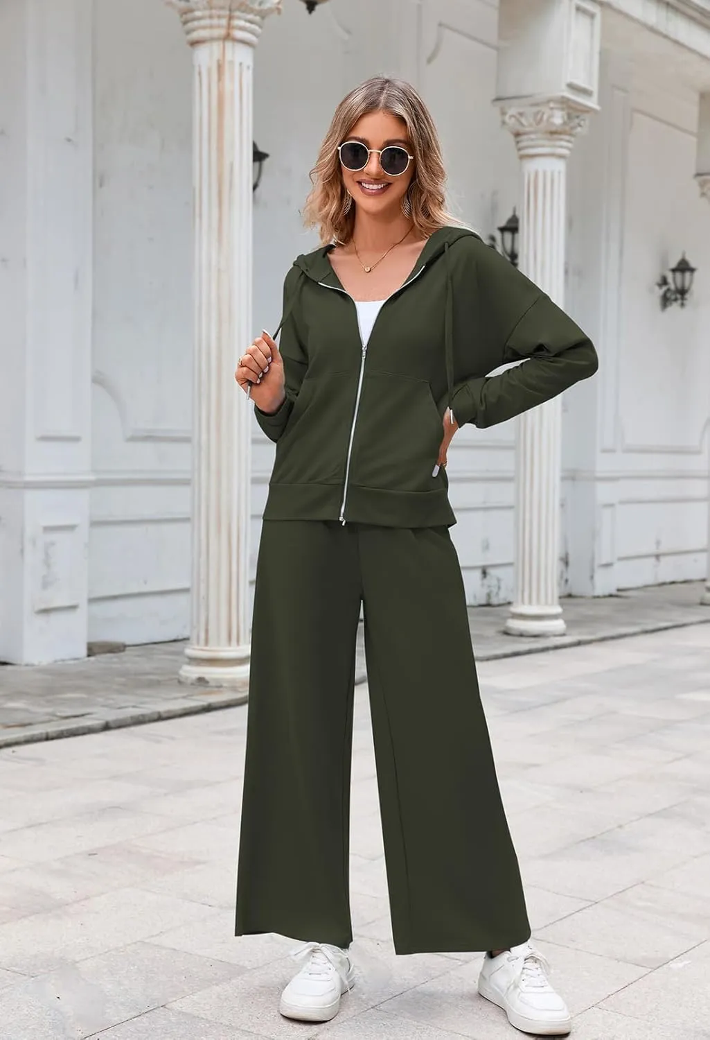 Kisscynest Women's 2 Piece Outfits Lounge Sets Zip Up Hoodies High Waist Wide Leg Pants Sweatsuit