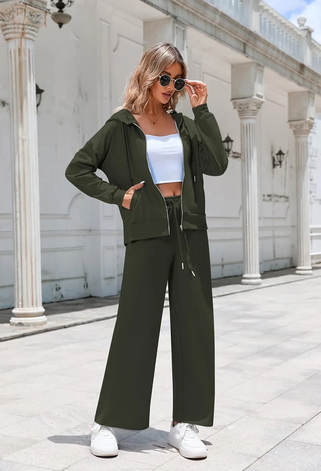 Kisscynest Women's 2 Piece Outfits Lounge Sets Zip Up Hoodies High Waist Wide Leg Pants Sweatsuit