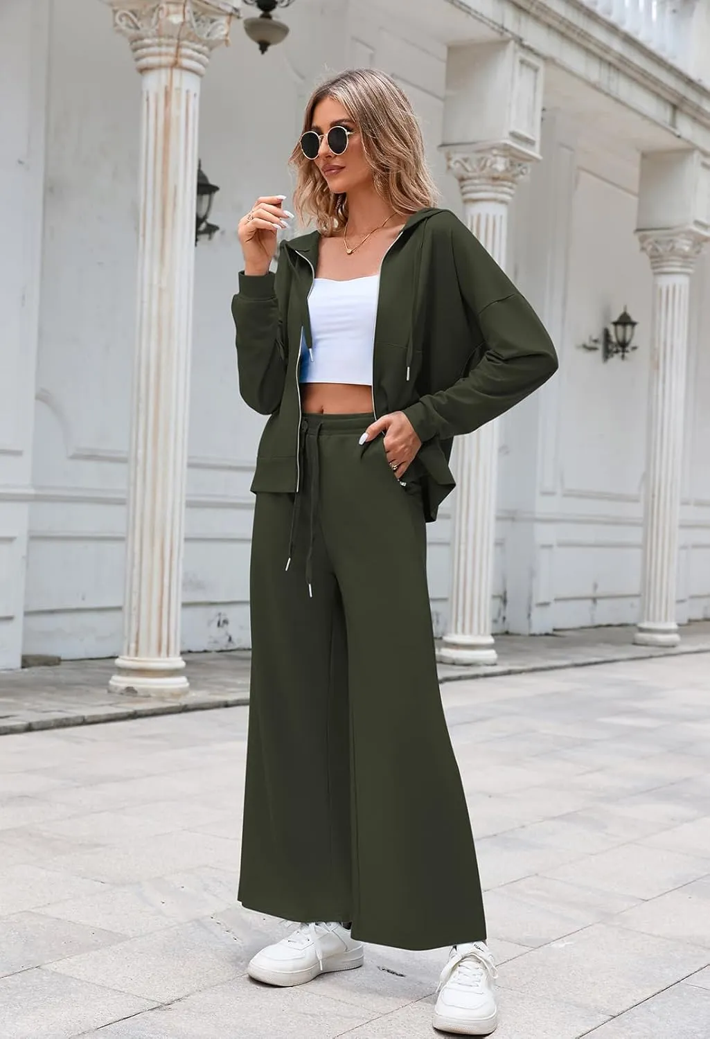 Kisscynest Women's 2 Piece Outfits Lounge Sets Zip Up Hoodies High Waist Wide Leg Pants Sweatsuit