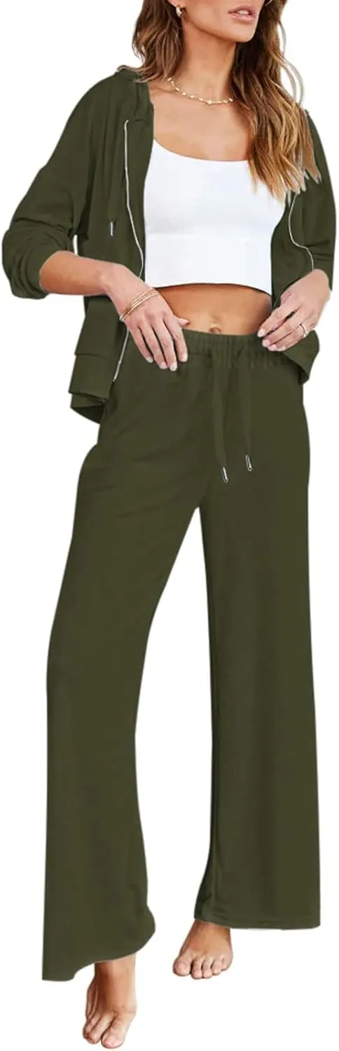 Kisscynest Women's 2 Piece Outfits Lounge Sets Zip Up Hoodies High Waist Wide Leg Pants Sweatsuit