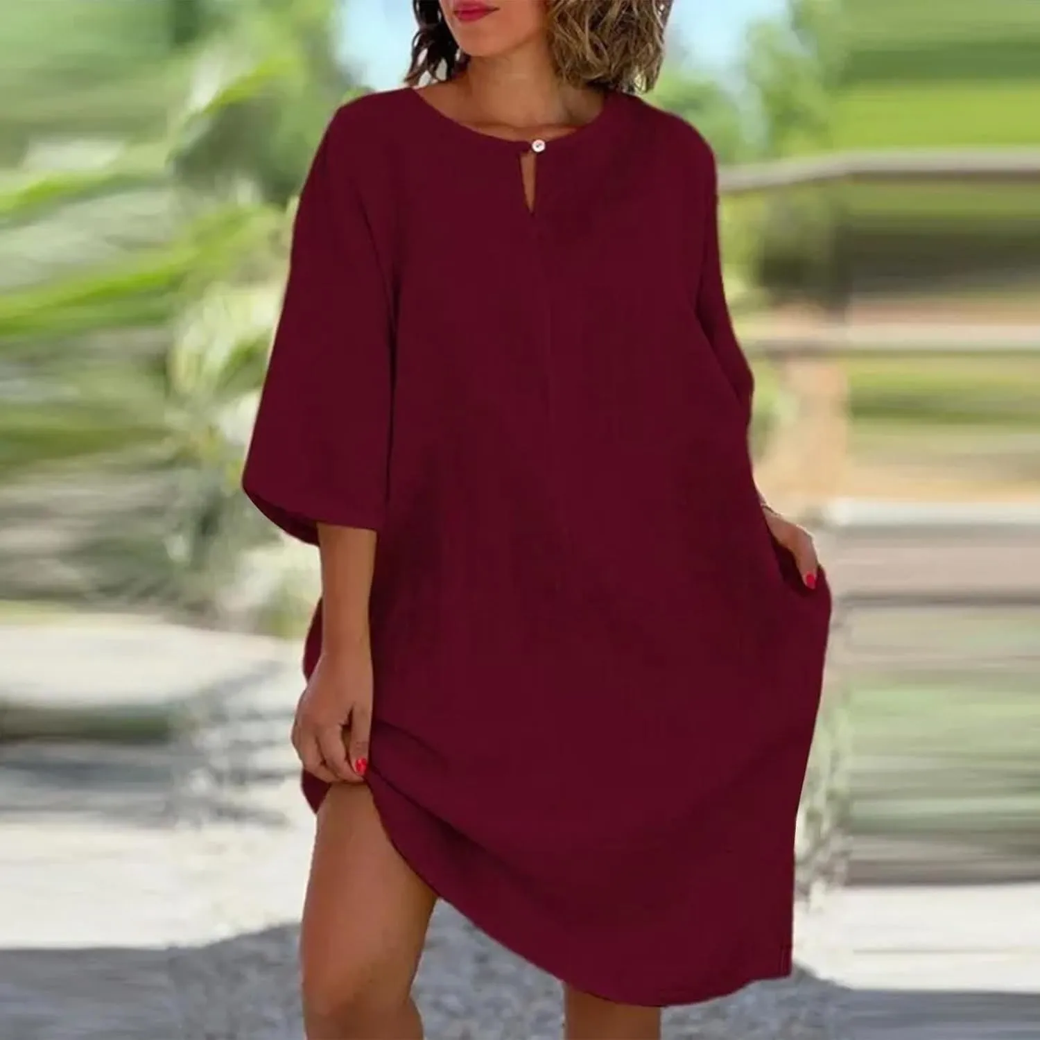 Knee Length Dress for Women Summer Basic Solid Short Sleeve Crew Neck Dresses Casual Loose Vacation Dress Plus Size