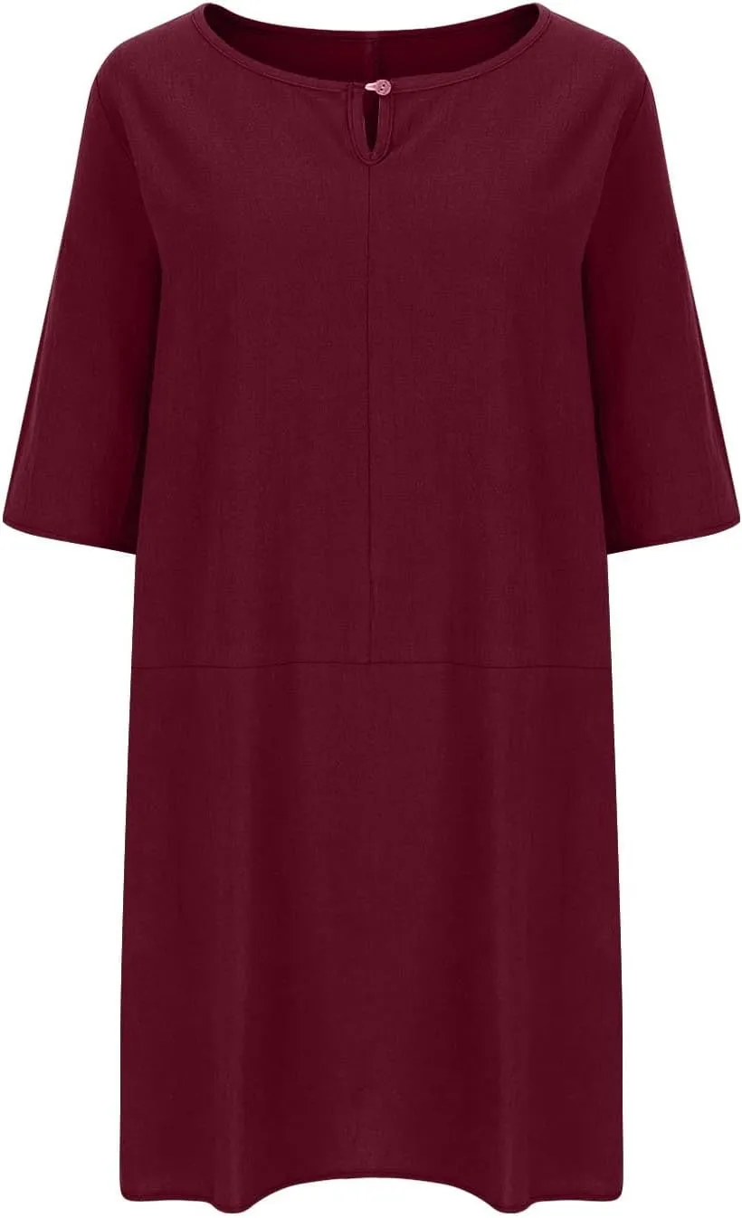 Knee Length Dress for Women Summer Basic Solid Short Sleeve Crew Neck Dresses Casual Loose Vacation Dress Plus Size
