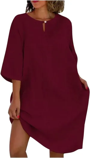 Knee Length Dress for Women Summer Basic Solid Short Sleeve Crew Neck Dresses Casual Loose Vacation Dress Plus Size