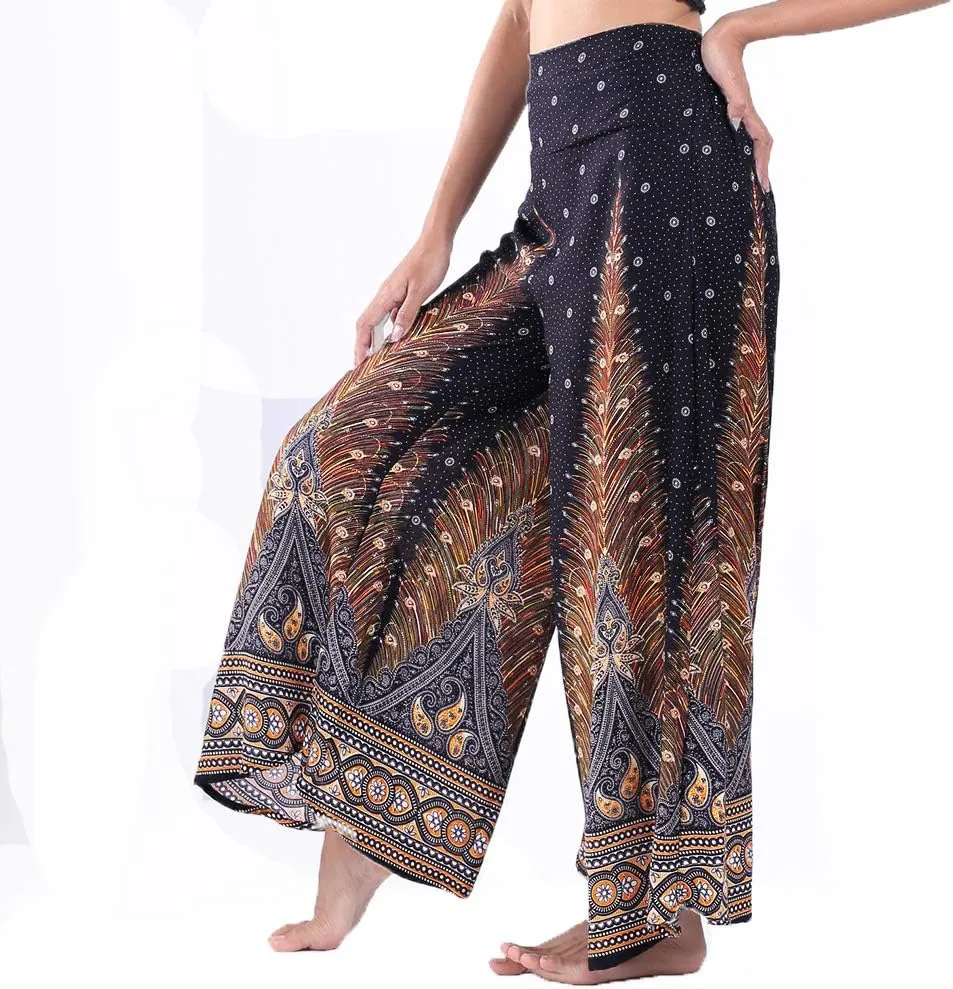 LOFBAZ Women's Wide Leg Palazzo Pants Yoga Lounge Hippie Harem Flowy Trousers