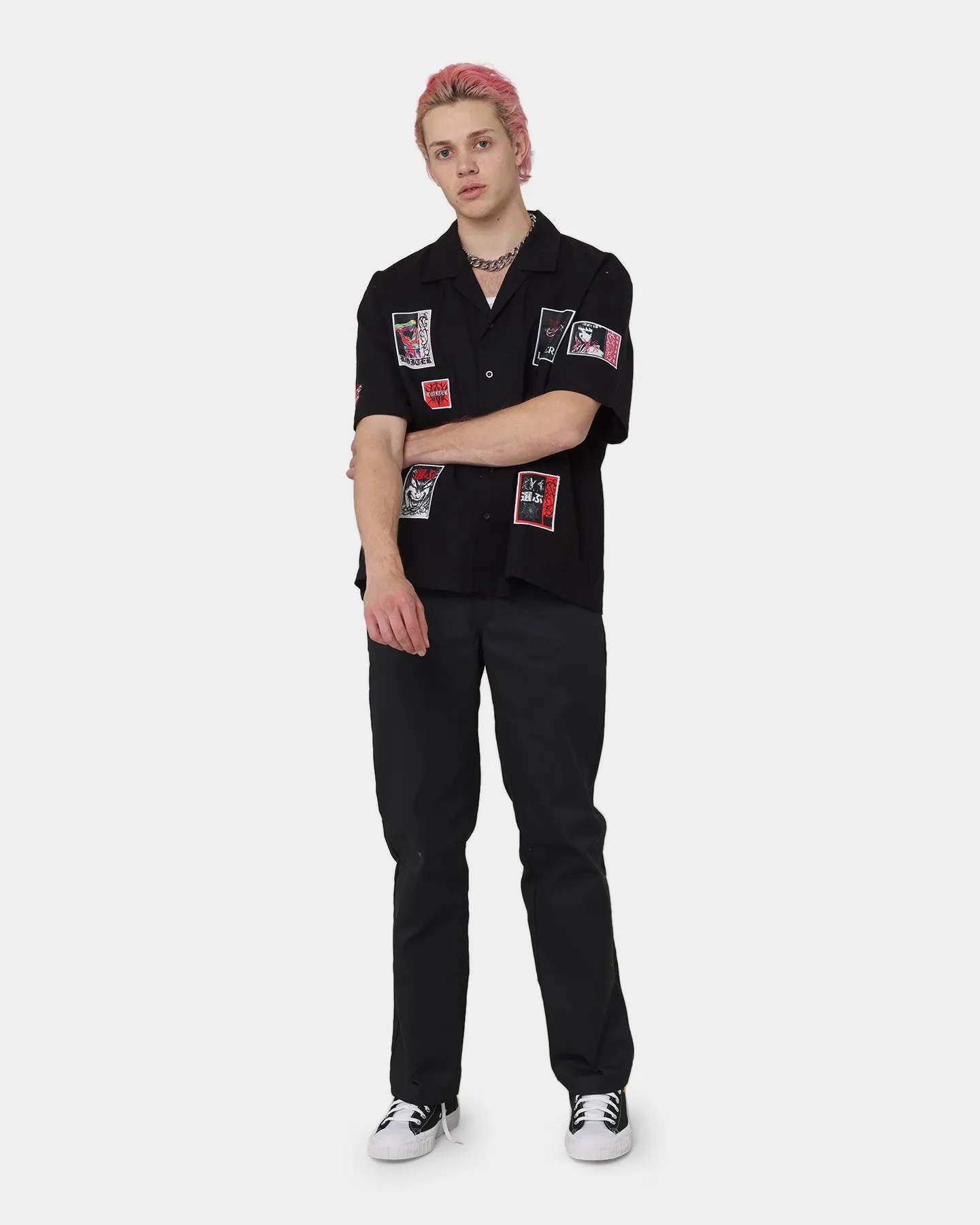 Loiter Patchwork Button Up Shirt Black