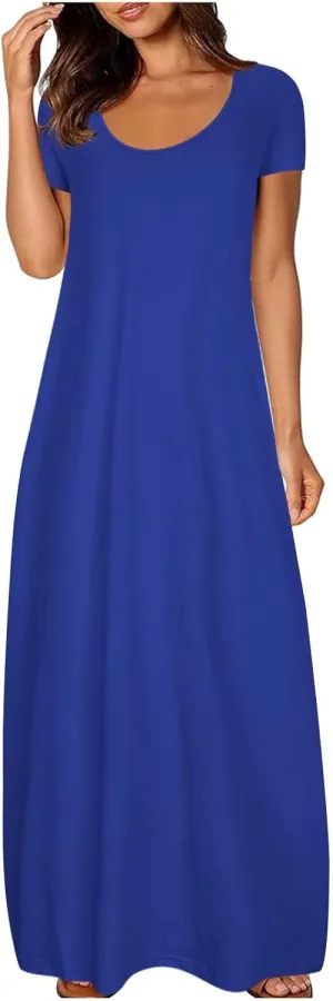 Maxi Dresses for Women 2025 Casual Short Sleeve Round Neck Summer Dresses Plus Size Loose Fit Long Beach Sundress