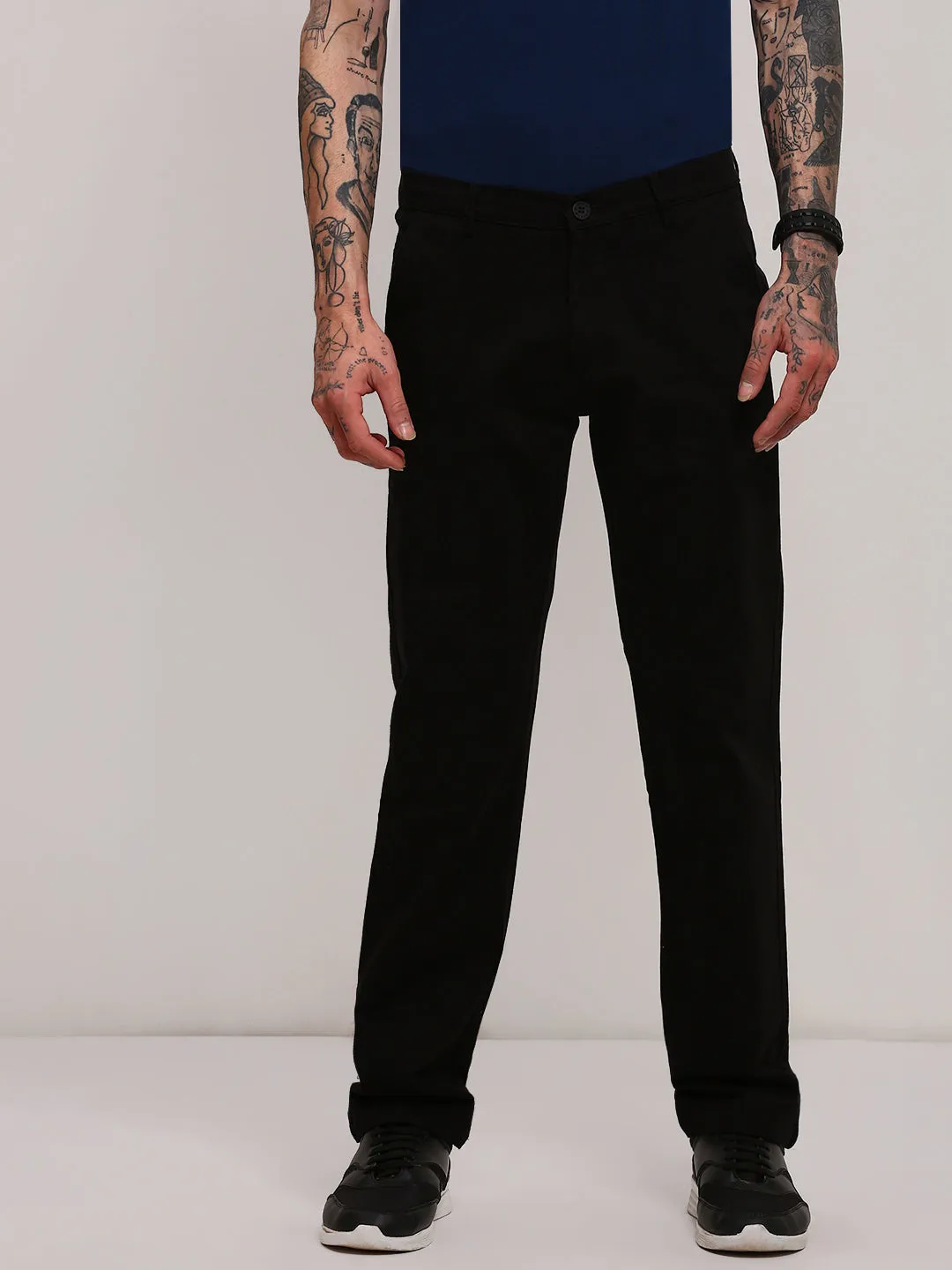 Men Black Slim Fit Low-Rise Flat-Front Trousers