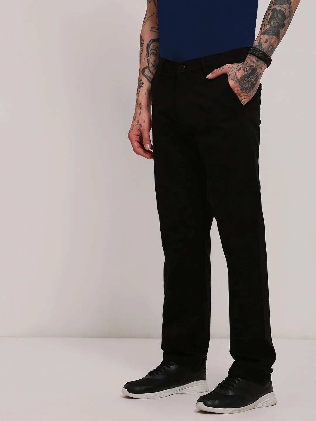 Men Black Slim Fit Low-Rise Flat-Front Trousers