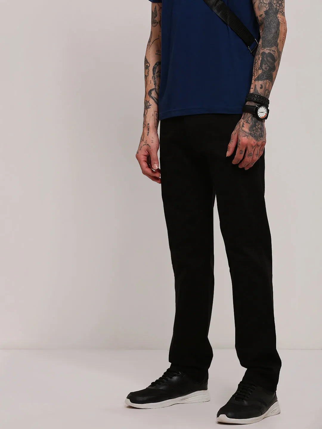 Men Black Slim Fit Low-Rise Flat-Front Trousers