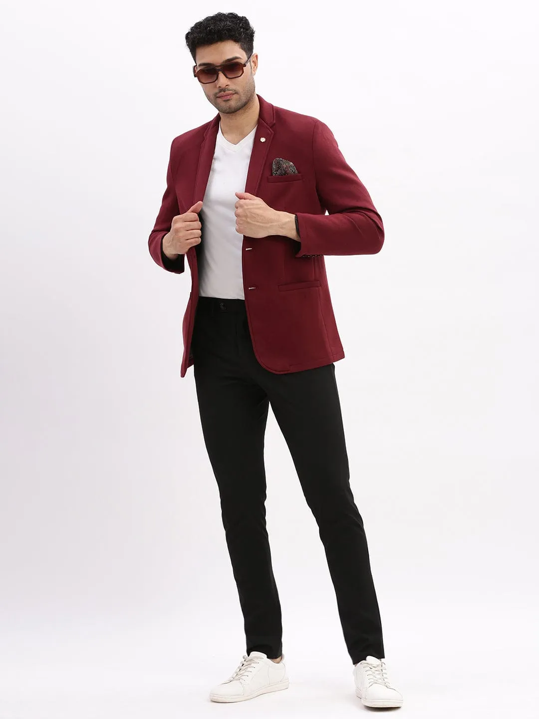 Men Burgundy Slim-Fit Notched Lapel Collar Single Breasted Cotton Casual Blazer