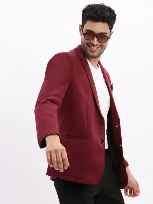 Men Burgundy Slim-Fit Notched Lapel Collar Single Breasted Cotton Casual Blazer