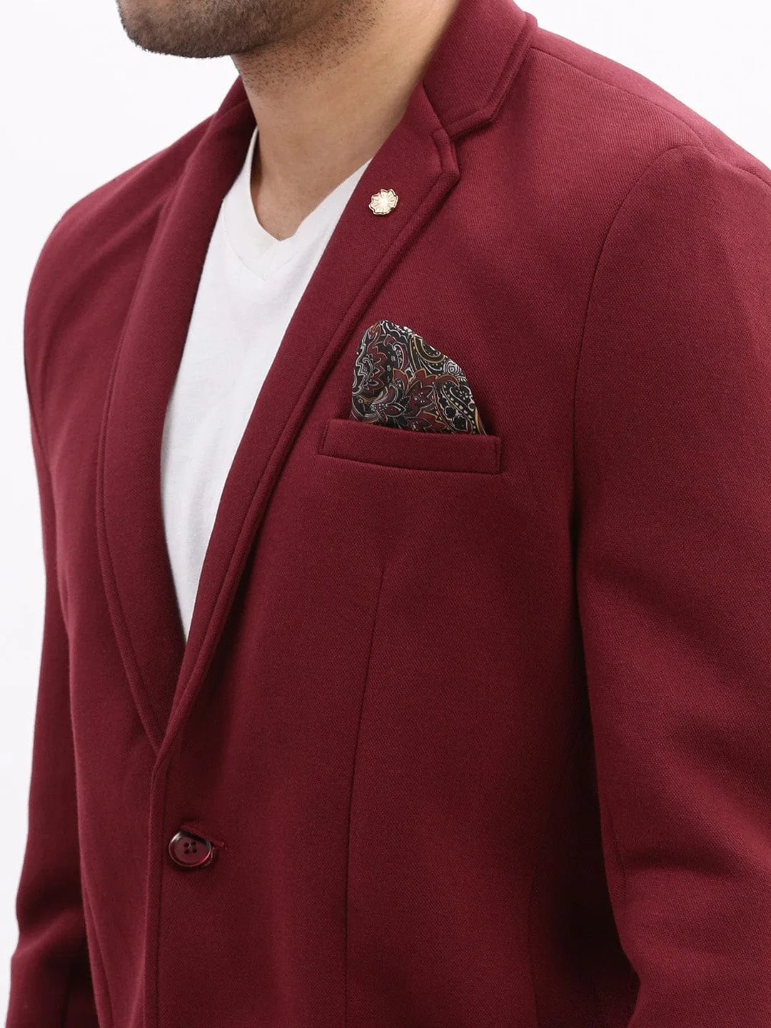 Men Burgundy Slim-Fit Notched Lapel Collar Single Breasted Cotton Casual Blazer