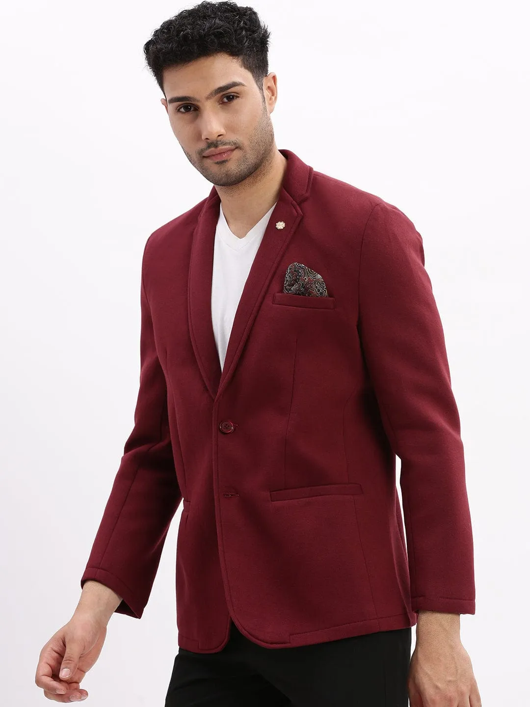 Men Burgundy Slim-Fit Notched Lapel Collar Single Breasted Cotton Casual Blazer