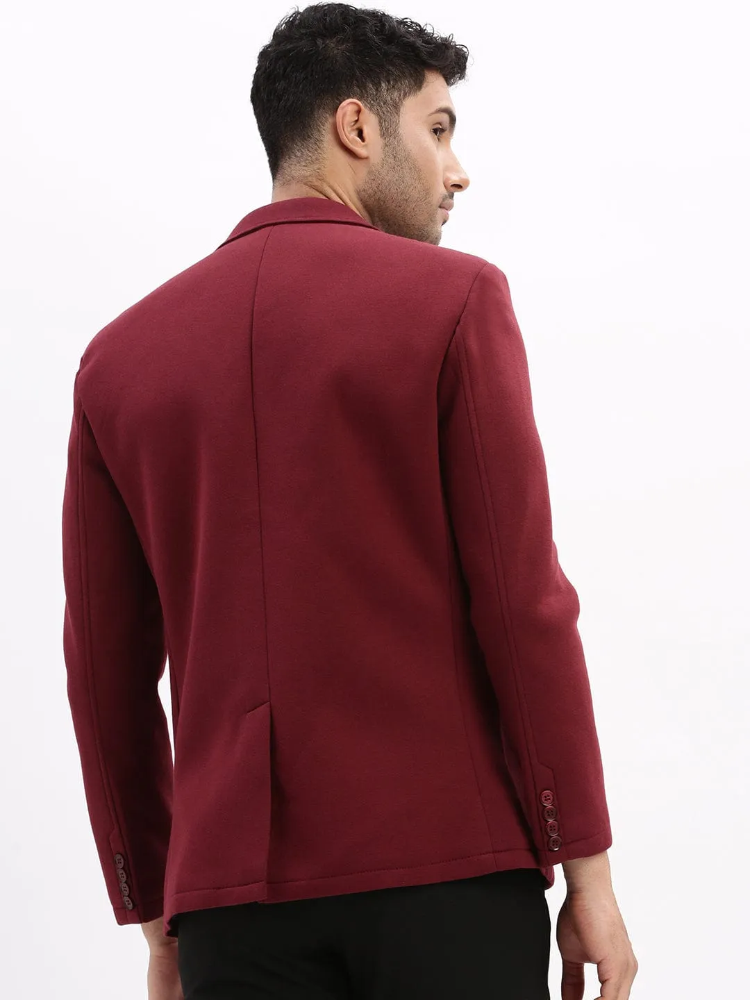 Men Burgundy Slim-Fit Notched Lapel Collar Single Breasted Cotton Casual Blazer