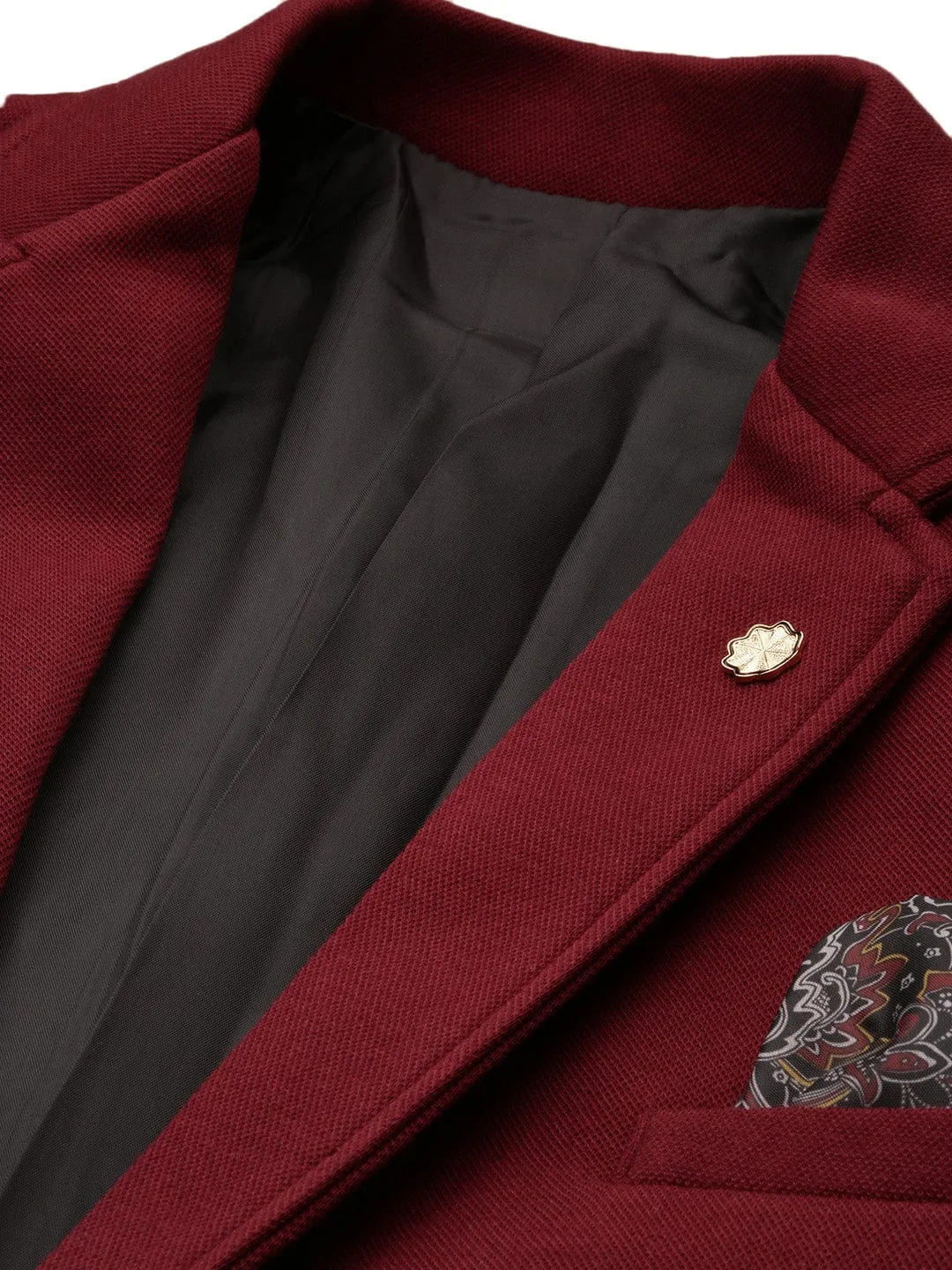 Men Burgundy Slim-Fit Notched Lapel Collar Single Breasted Cotton Casual Blazer