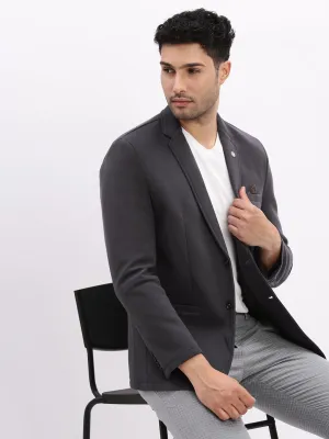 Men Charcoal Slim-Fit Single Breasted Notched Lapel Collar Cotton Casual Blazer