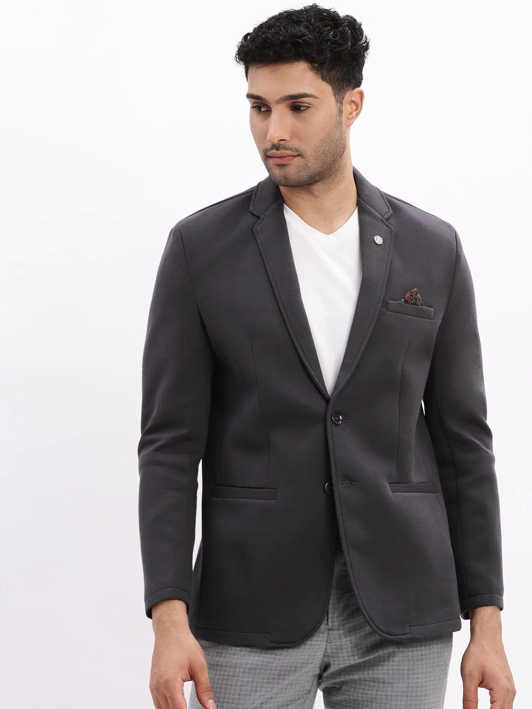 Men Charcoal Slim-Fit Single Breasted Notched Lapel Collar Cotton Casual Blazer