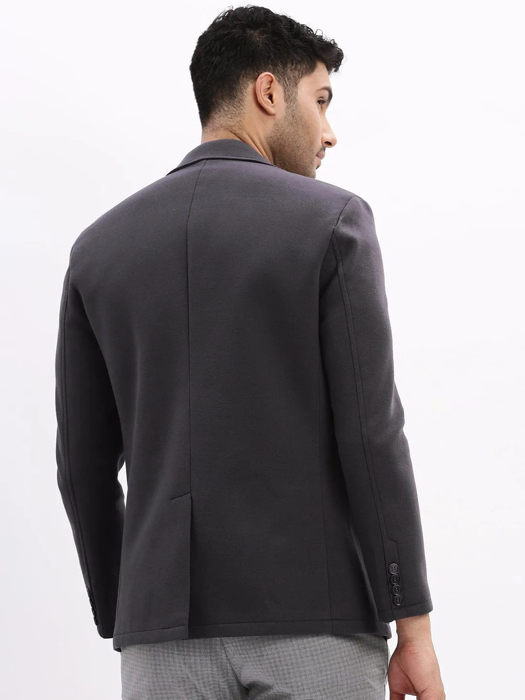 Men Charcoal Slim-Fit Single Breasted Notched Lapel Collar Cotton Casual Blazer