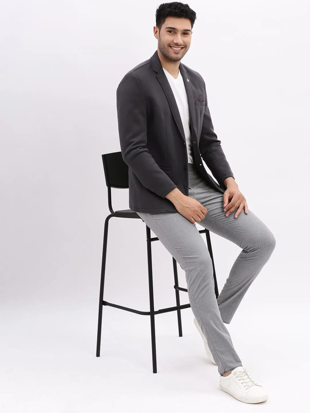Men Charcoal Slim-Fit Single Breasted Notched Lapel Collar Cotton Casual Blazer