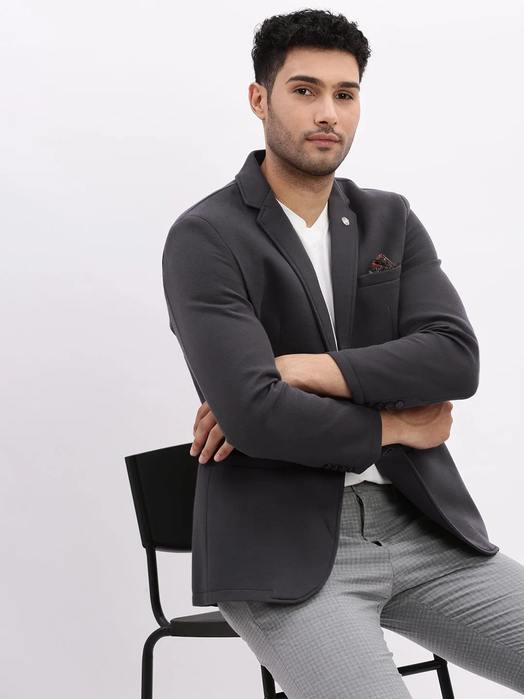 Men Charcoal Slim-Fit Single Breasted Notched Lapel Collar Cotton Casual Blazer
