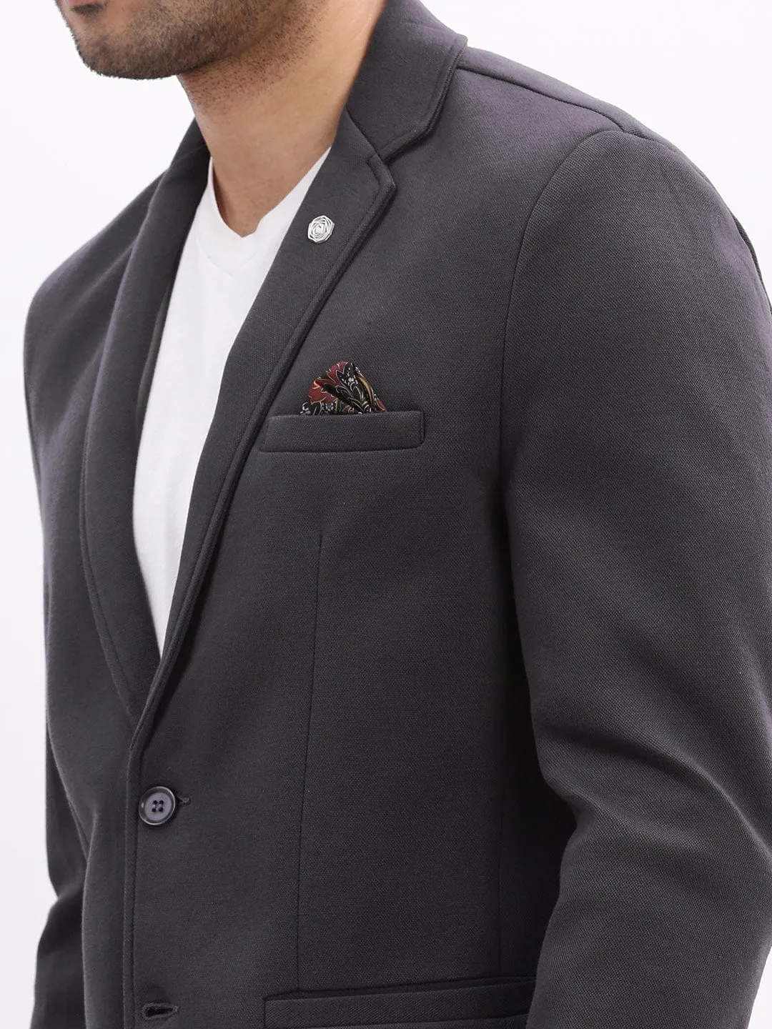 Men Charcoal Slim-Fit Single Breasted Notched Lapel Collar Cotton Casual Blazer