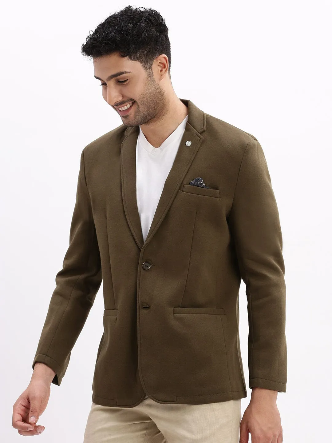 Men Olive Cotton Single Breasted Casual Blazer