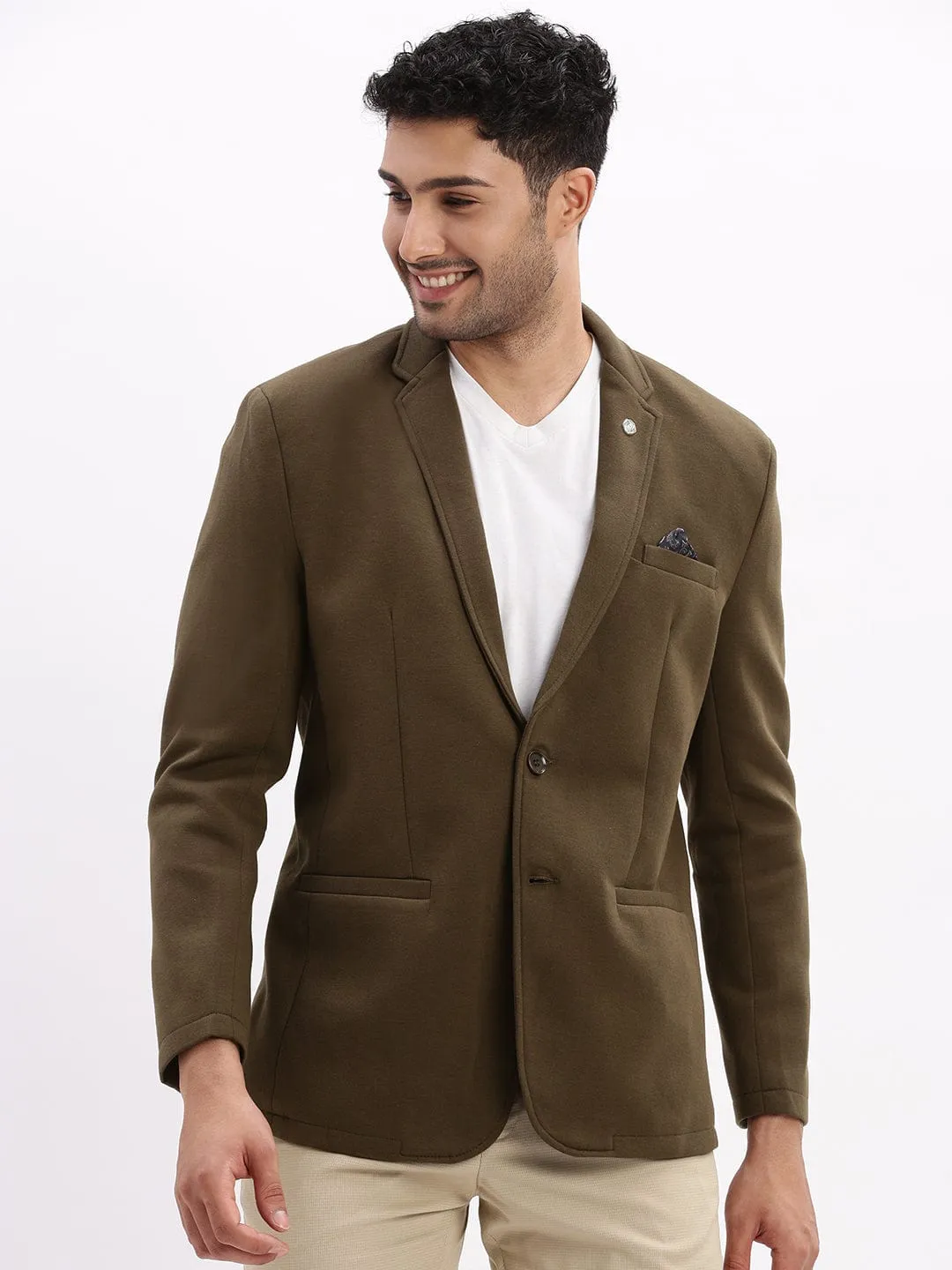 Men Olive Cotton Single Breasted Casual Blazer