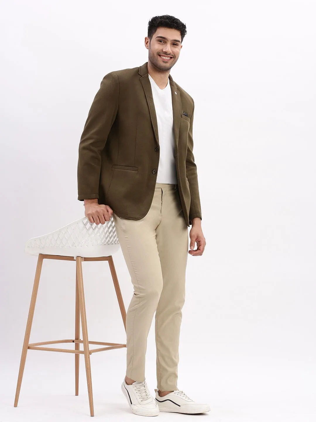 Men Olive Cotton Single Breasted Casual Blazer