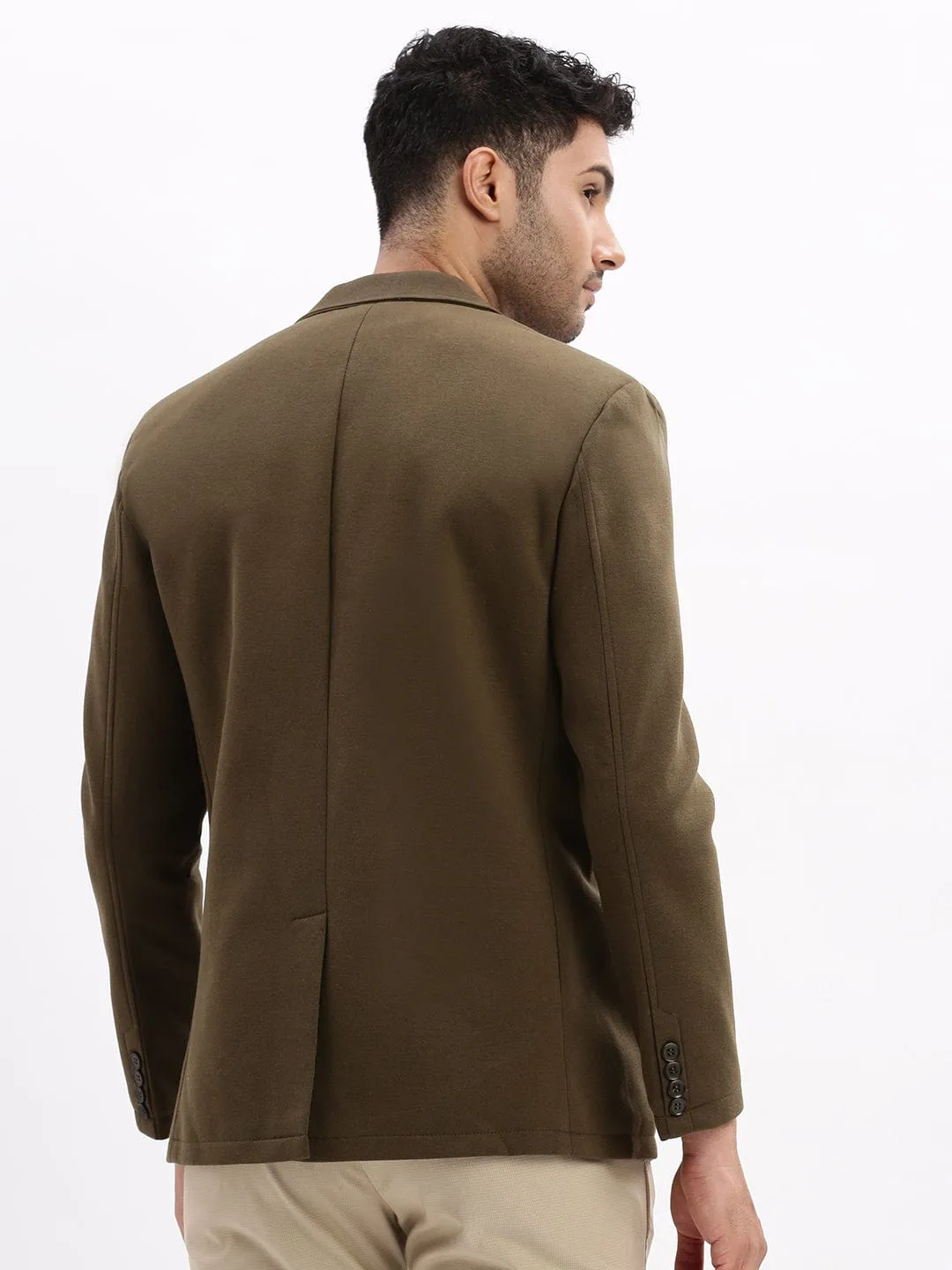Men Olive Cotton Single Breasted Casual Blazer