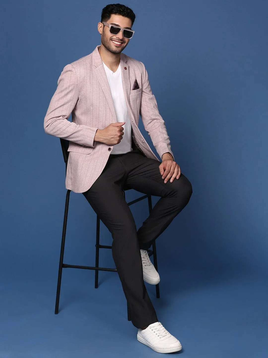Men Peach Striped Slim-Fit Cotton Single-Breasted Blazer