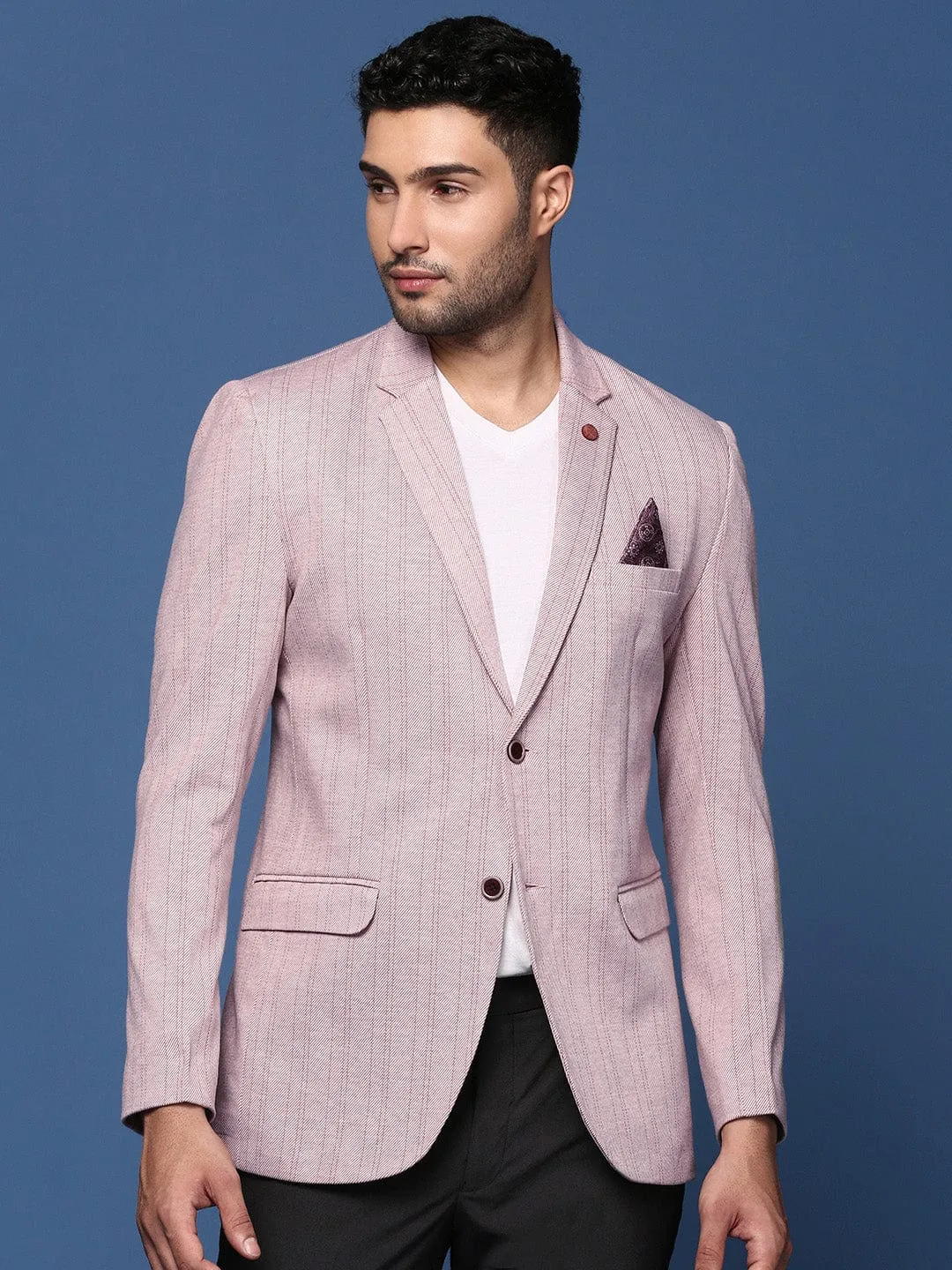 Men Peach Striped Slim-Fit Cotton Single-Breasted Blazer