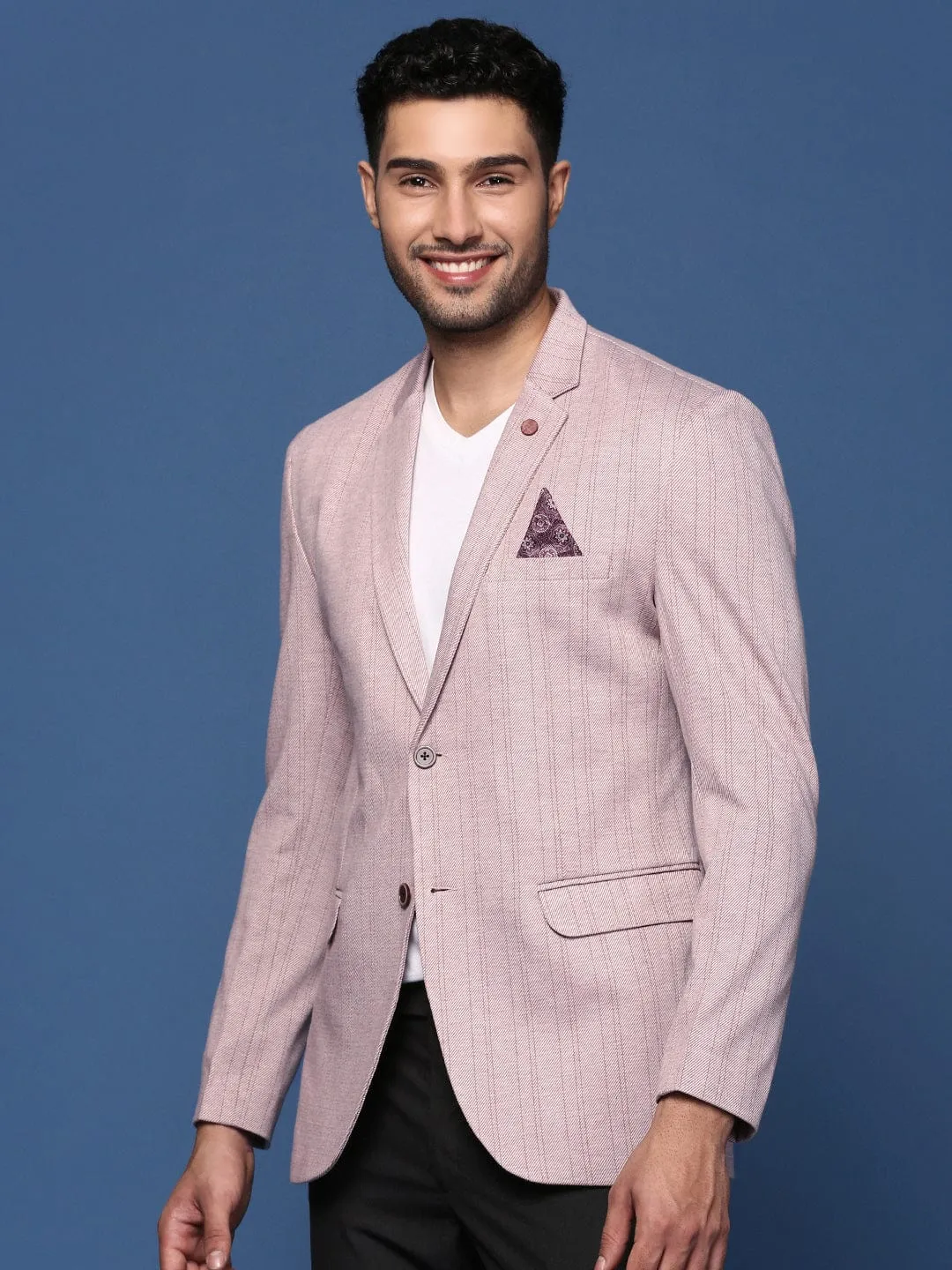 Men Peach Striped Slim-Fit Cotton Single-Breasted Blazer
