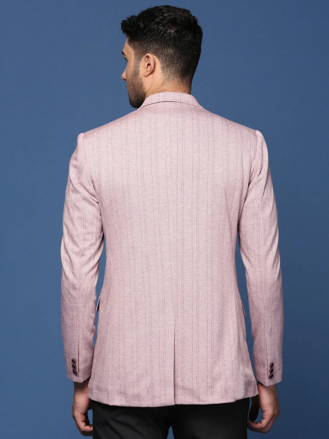 Men Peach Striped Slim-Fit Cotton Single-Breasted Blazer