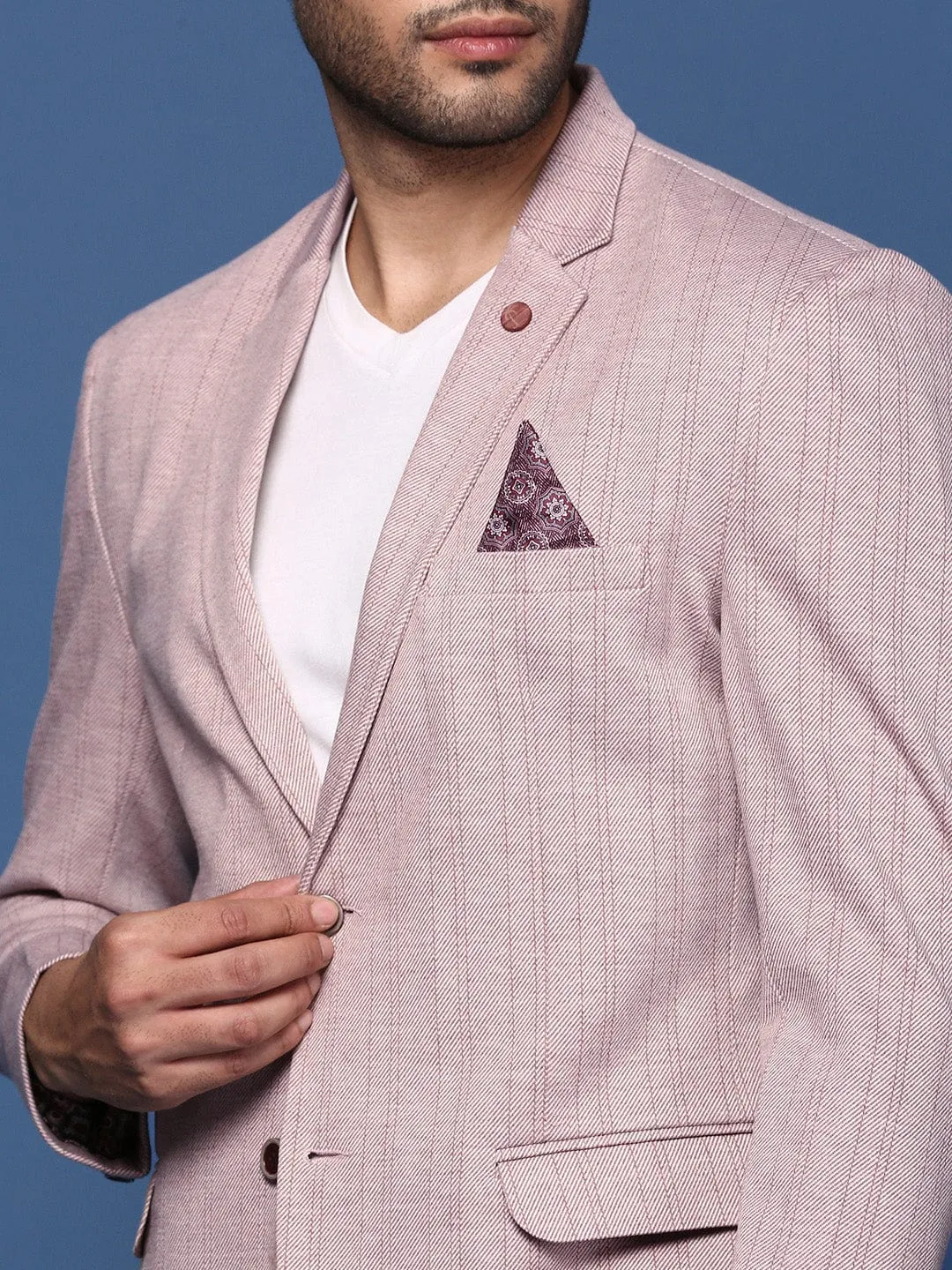 Men Peach Striped Slim-Fit Cotton Single-Breasted Blazer