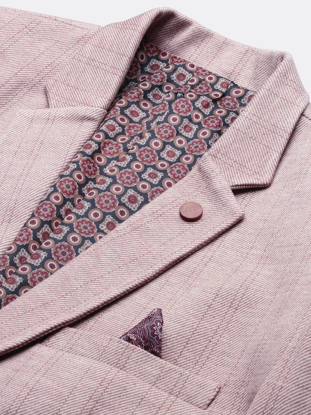 Men Peach Striped Slim-Fit Cotton Single-Breasted Blazer