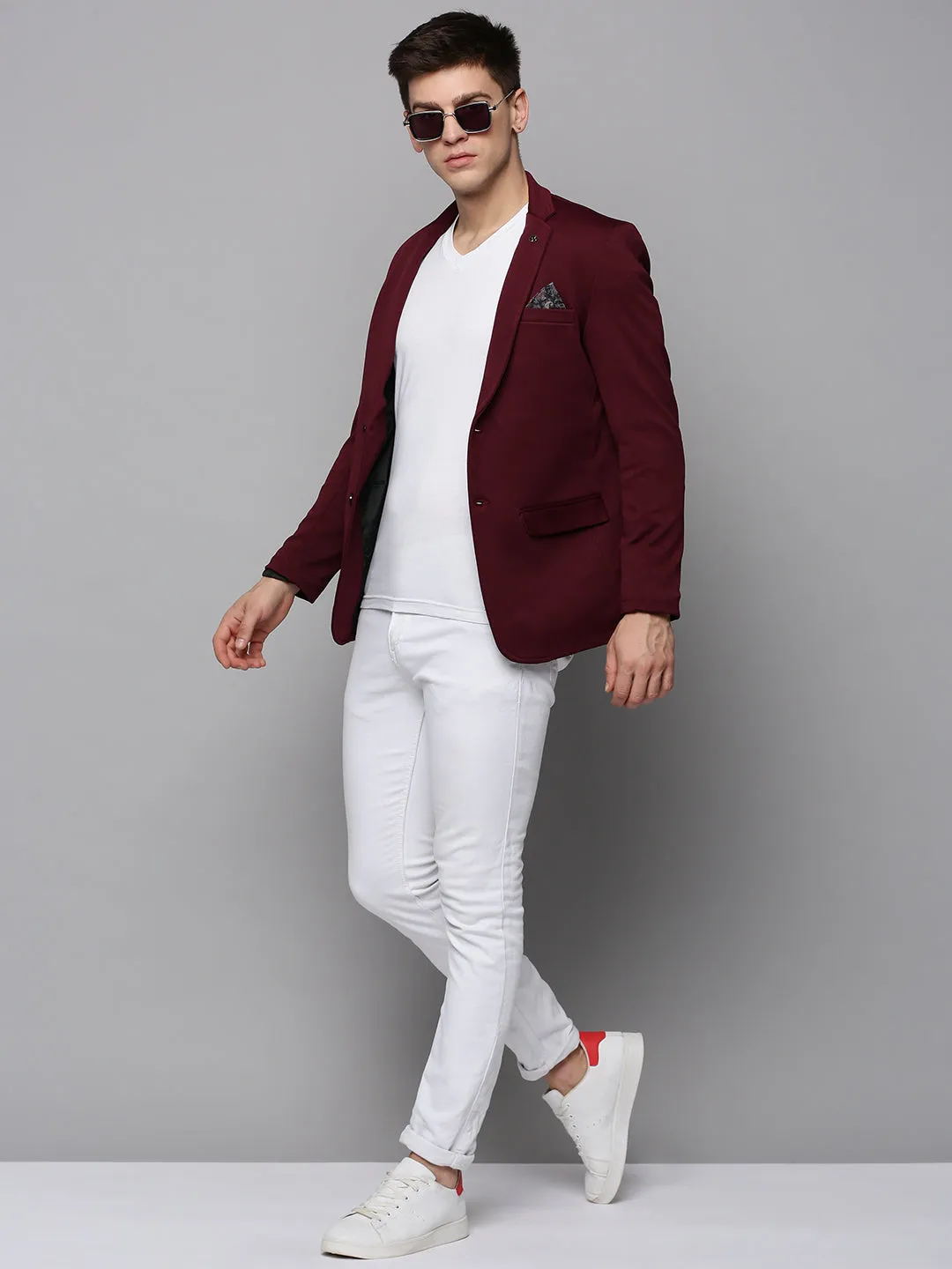 Men Red Cotton Notched Lapel Single Breasted front Blazer