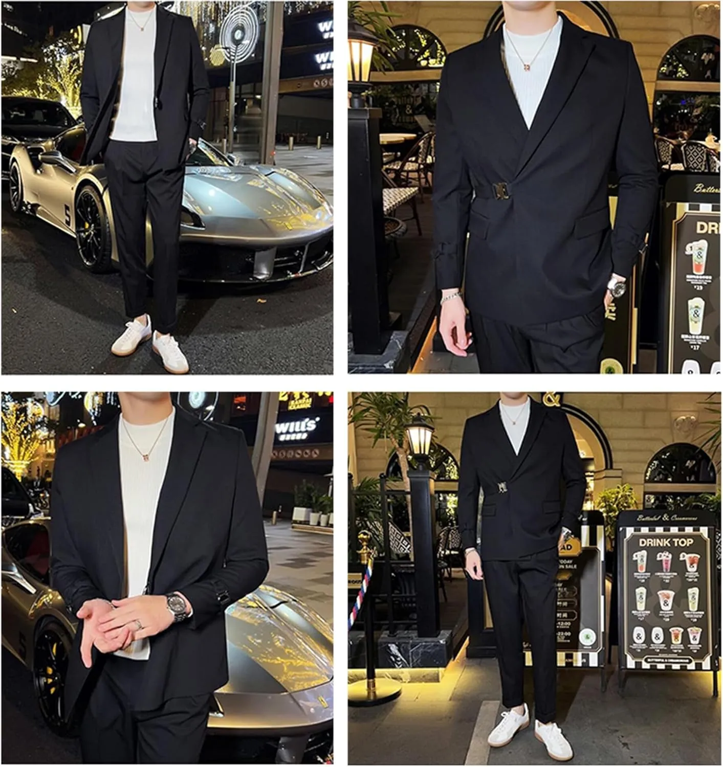 Men's Suits Slim Fit 2 Piece Suits for Men with Metal Buckle Blazer Coat Jacket Pants Set Wedding Prom Mens Tuxedos Suit Set