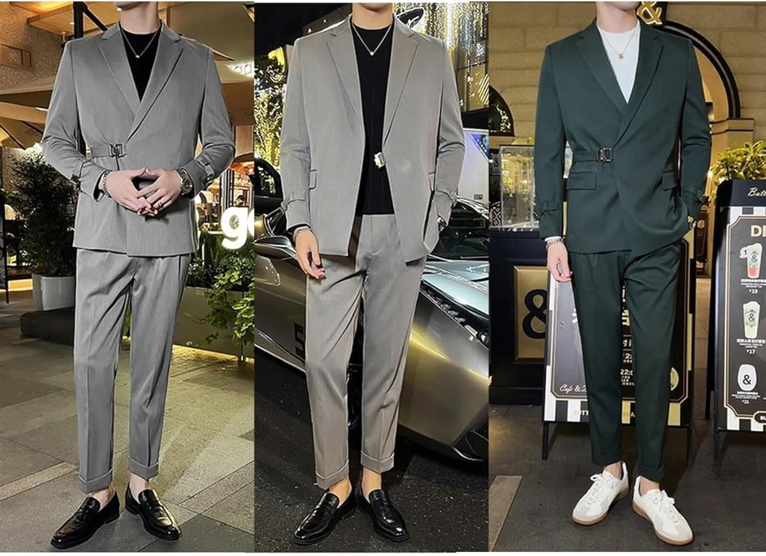 Men's Suits Slim Fit 2 Piece Suits for Men with Metal Buckle Blazer Coat Jacket Pants Set Wedding Prom Mens Tuxedos Suit Set