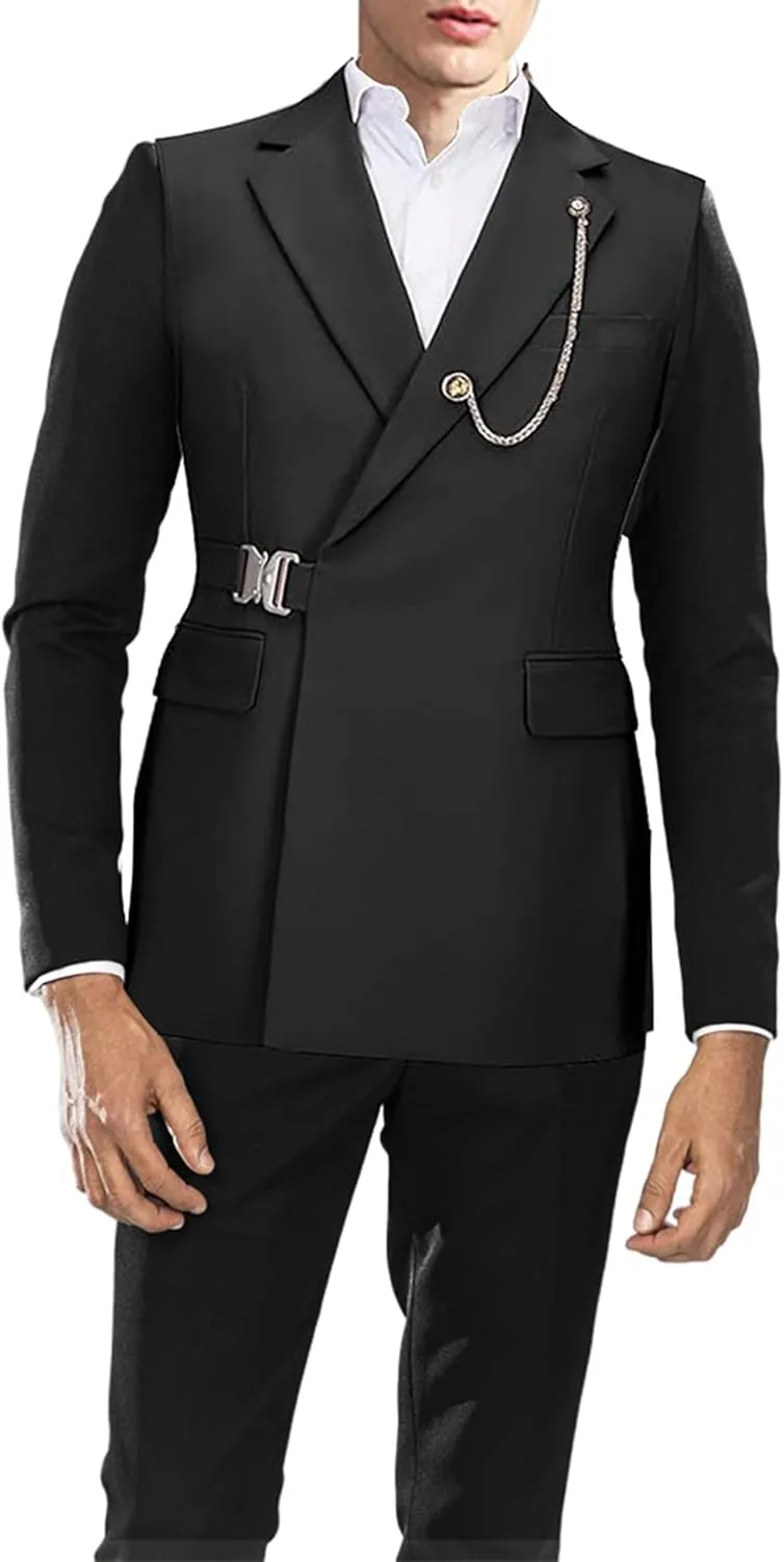 Men's Suits Slim Fit 2 Piece Suits for Men with Metal Buckle Blazer Coat Jacket Pants Set Wedding Prom Mens Tuxedos Suit Set